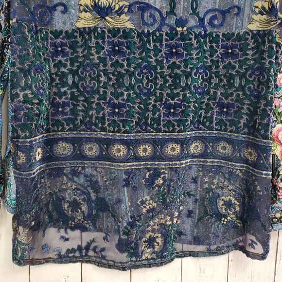 Aratta Silent Journey Embroidered Floral Blouse Tunic Womens Large Blue Boho EUC - Picture 9 of 16